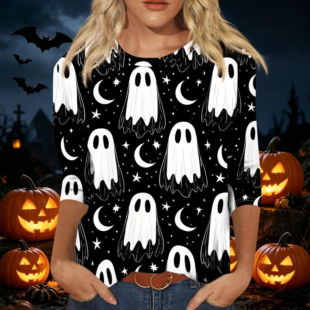 Women's Casual Three Quarter Sleeve Halloween Theme Printed Crew Neck Top Relaxed Fit Soft Material Holiday Blouse Shirt