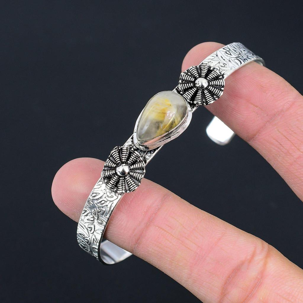 Natural Golden Rutile Gemstone Bangle Adjustable 925 Sterling Silver Jewelry