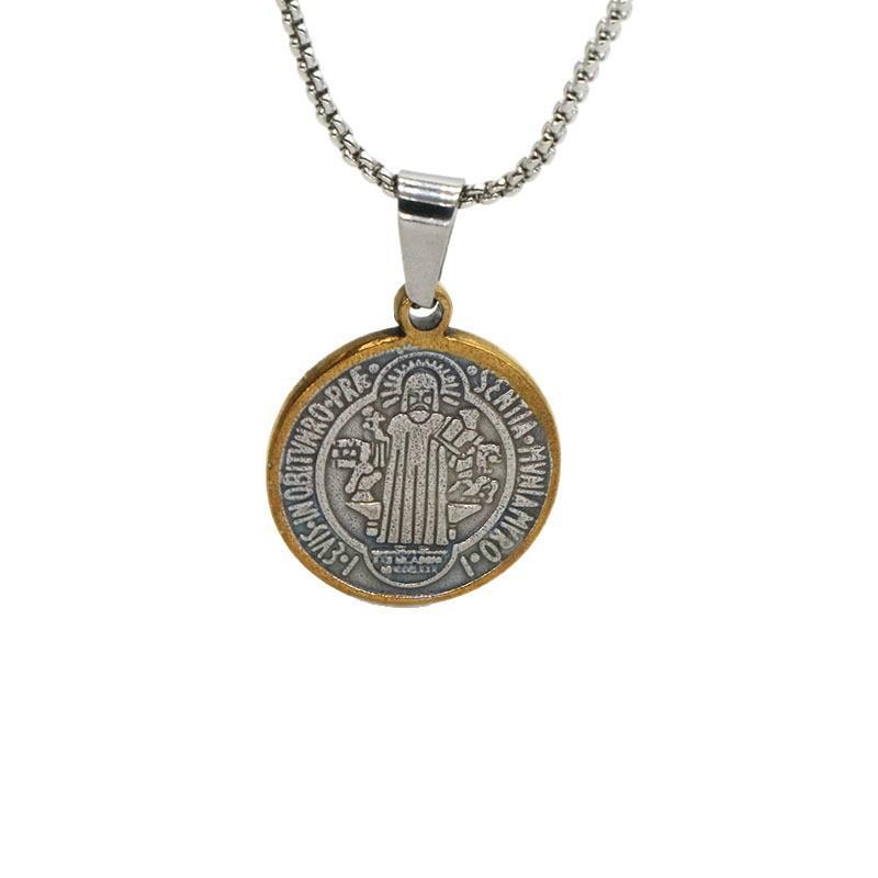 Stainless Steel Religious Exorcism Saint Benedict Necklace Round Pendant No Fade for Family Gathering Faith Souvenir Gifts