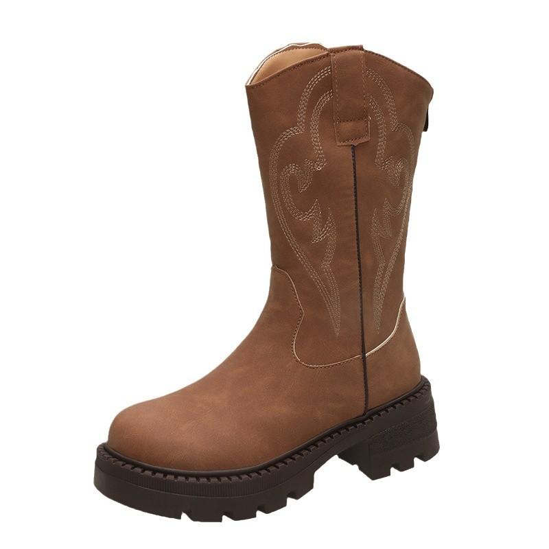 2025 Autumn and Winter European and American Style Retro Embroidery Totem Western Boots Thick Medium Heel Round Head Thick Sole Medium Tube Boots Chil