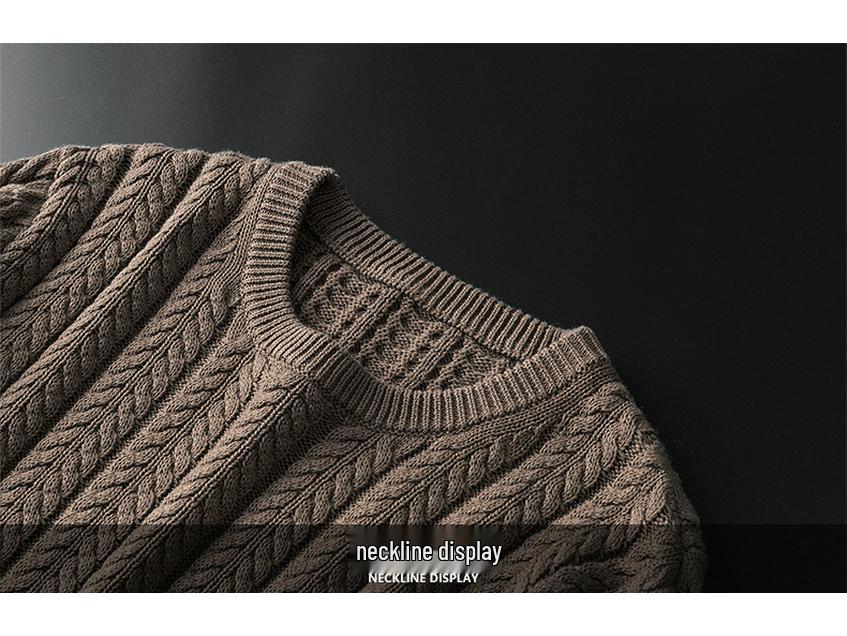 Men's Luxury All-Cotton Knitted Pullover - Thick, Solid Color, Velvet-Lined Cable Knit for Autumn and Winter
