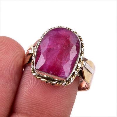 Red Ruby(Simulated) Handmade 925 Sterling Silver Jewelry Two Tone Ring S.9 A8M70
