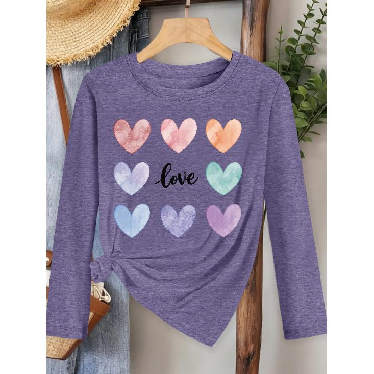 Watercolor Hearts Love Printed Long-sleeve Vintage Round Neck T Fresh and Natural Style Loose-fitting shirt2026Elegant Spring and Autumn Party