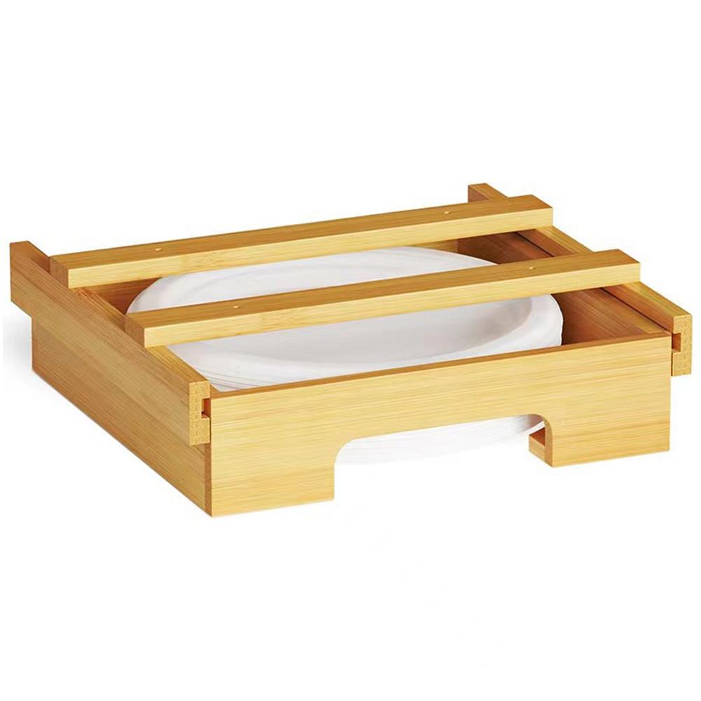 

10-дюймовый бамбуковый держатель для бумажных тарелок, подставка для хранения бумажных лотков, одноразовый диспенсер для бумажных лотков для кухонной стойки светло-коричневого