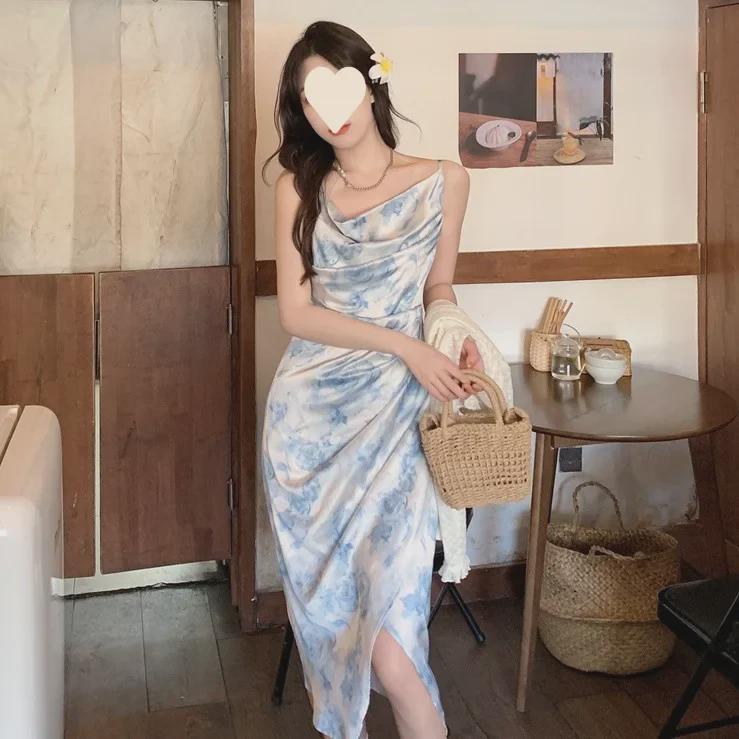 

Элегантное платье-миди с разрезом в виде цветка чернил - облегающее, сексуальное, летний стиль с подтяжками Large