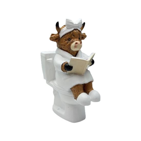 Funny Highland Cow Figurine Cute Resin Cow Sitting on Toilet