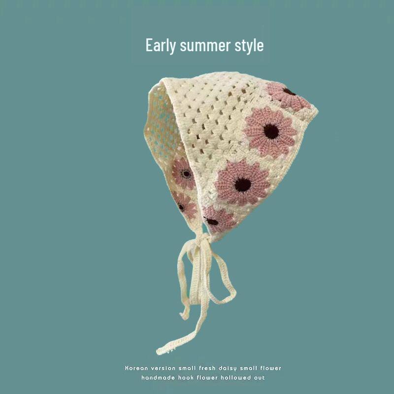 Korean Style Knitted Crochet Triangle Scarf: Women's Sweet Flower Headscarf Hat
