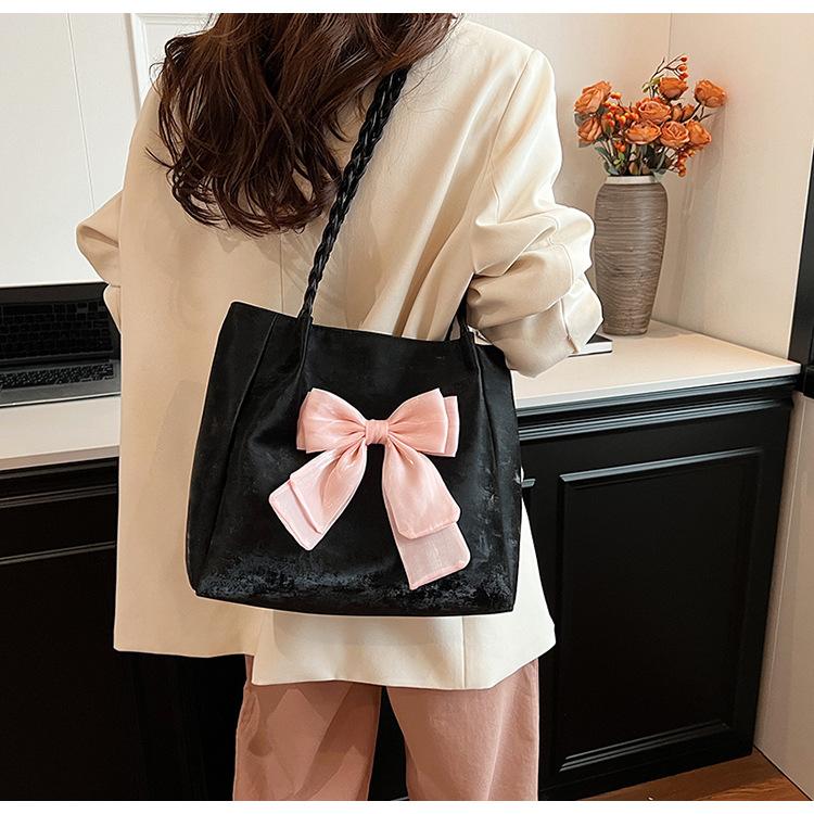 Chic Bow Knot Faux Leather Tote Bag for Women, Color Block Single Shoulder Handbag, Casual Daily Commute Work Bag KTB