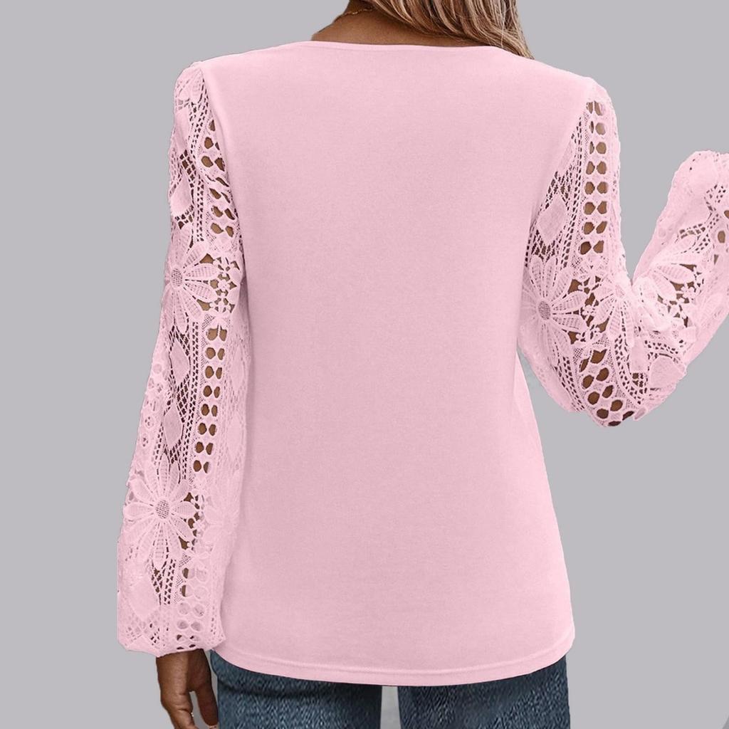 Spring Autumn Women's Lace Splice Knit Top, Elegant Fashion Casual Versatile Blouse For Women, European American Style Outerwear