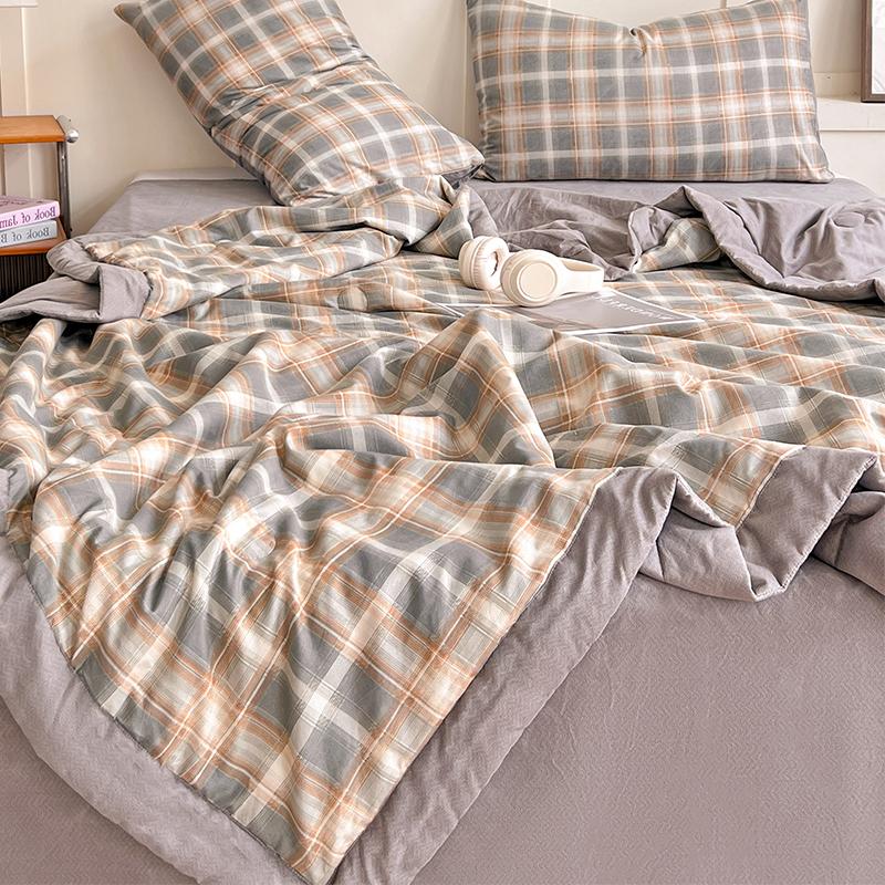 Plaid Summer Cool Quilt Washed Cotton Comfortable Lightweight Air Condition Thin Comforter Simple Feather Blanket for Adults Kid