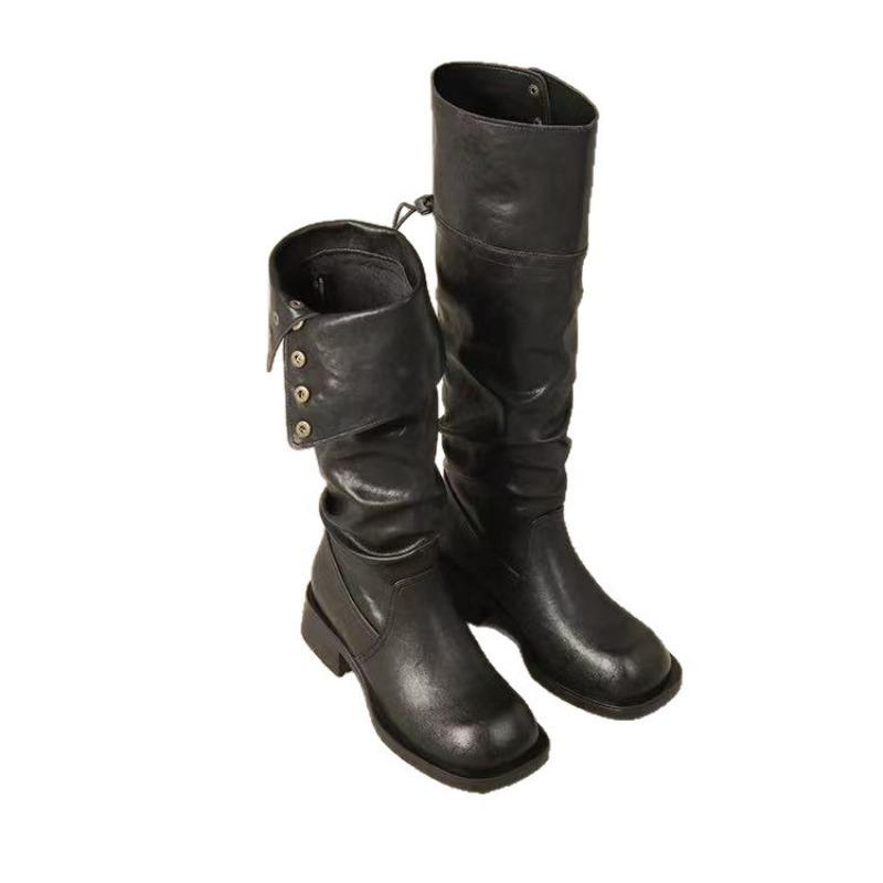 Versiune piele de vacă~ Cizme platformă din piele naturală până la genunchi pentru femei, retro, cu toc gros, cu talpă suprapusă, cizme cowboy western, cizme de cavaler