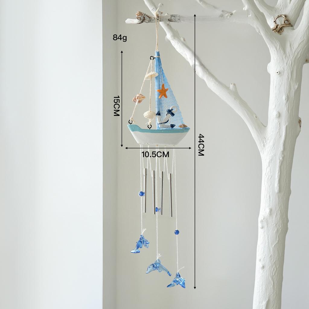 Mediterranean Style Creative Wind Chime Nautical Sailboat Design Hanging Decoration for Indoor Outdoor Use with Metal Tubes and Ceramic Elements