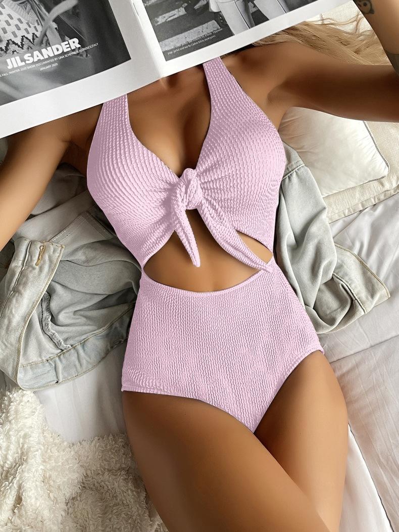 TS JYL-SW094 Halter One-Piece Swimsuit, High-Waist Lace-Up Cutout Swimwear L