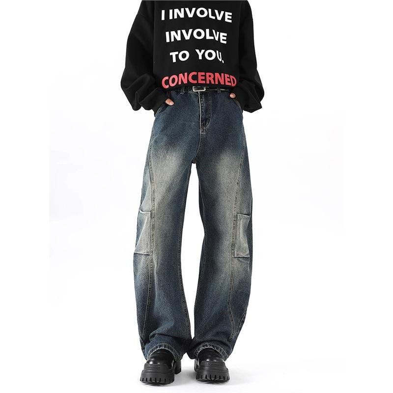 American retro pleated scimitar jeans men's trendy high street vibe design sense loose wide-leg couple pants