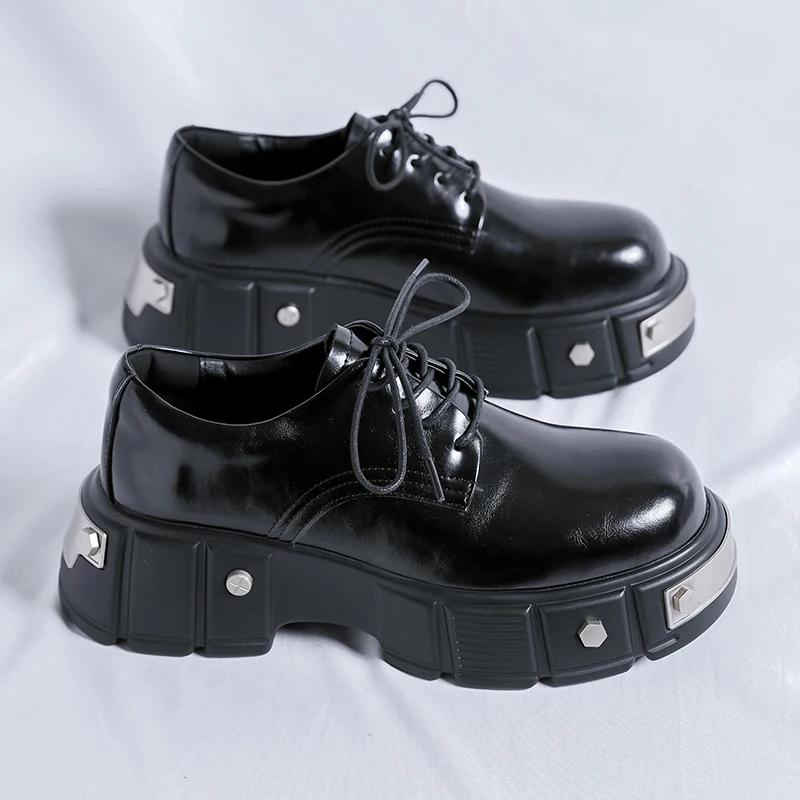 New British Style Men Casual Shoes Fashion Leather Dress Derby Shoes Thick Bottom Outdoor Work Shoe Comfy Round Toe Formal Shoes