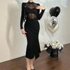 Curvy Mesh Splice Long-Sleeve Dress - Autumn Waist-Slimming Hip Skirt