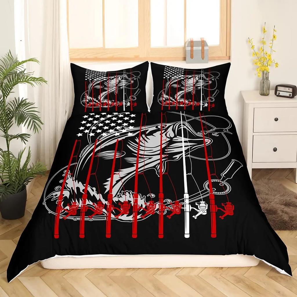 Pike Fish Bedding Striped Bass Big Pattern Hunting and Fishing Themed Duvet Cover for Kids Boys BedRoom Decorations for Teens