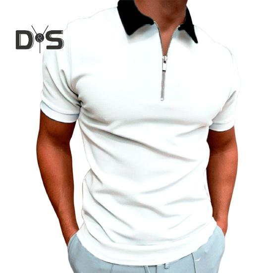 Pánské tričko s krátkým rukávem a zipem, jednobarevné, s klopou, ležérní, slim fit, letní top na dovolenou, do práce, sport