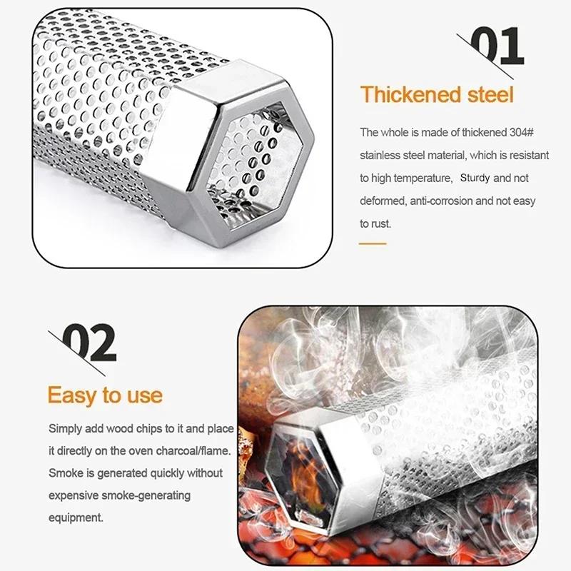 BBQ Stainless Steel Smoker Grill Tube Perforated Mesh Filter Gadget Pellet Smoking Generator Hexagon Spice Smoked Box