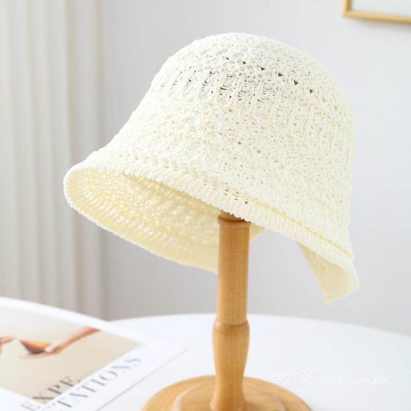 Women's Hollowed-Out Breathable Bucket Hat with Rolled Brim Solid Color Spring-Summer Face-Slimming Fisherman Hat