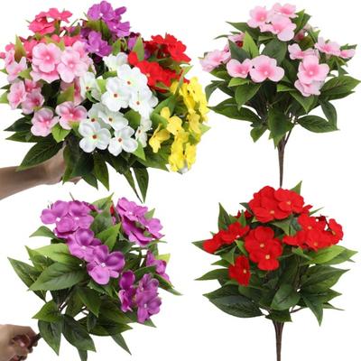 8 Bundles Artificial Impatiens Flowers for Outdoors UV Resistant Faux Impatiens Bushes Fake Silk Shrubs with Stake for Outside Front