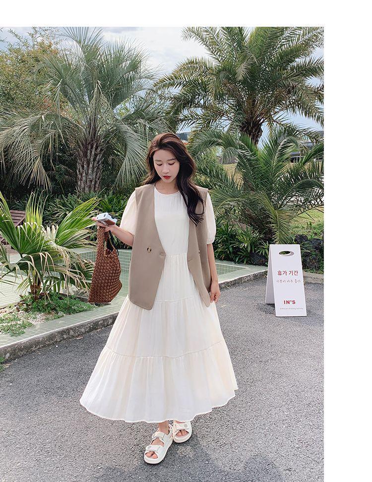 Elegant Summer 2026 White Pleated Retro Vest & Dress Set for Women