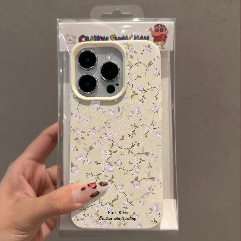 Pink small floral application Apple 17PROMAX mobile phone case 15 lychee pattern 14 cute 13 soft case 16/17