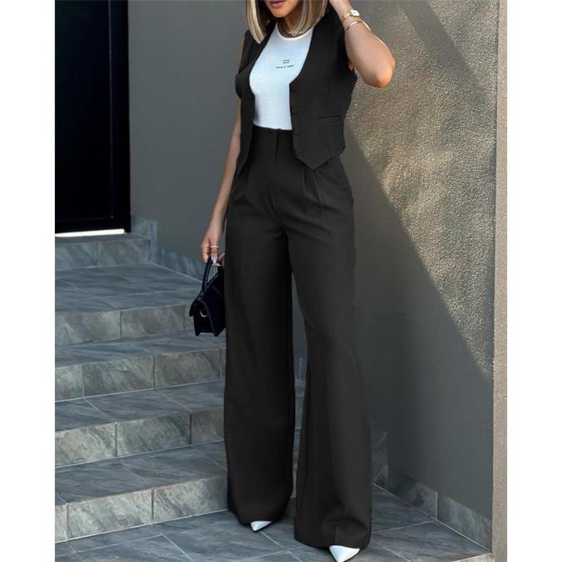 Women 2 Piece Suit Sleeveless Button Vest High Waist Wide Leg Pants Office Casual Outfit