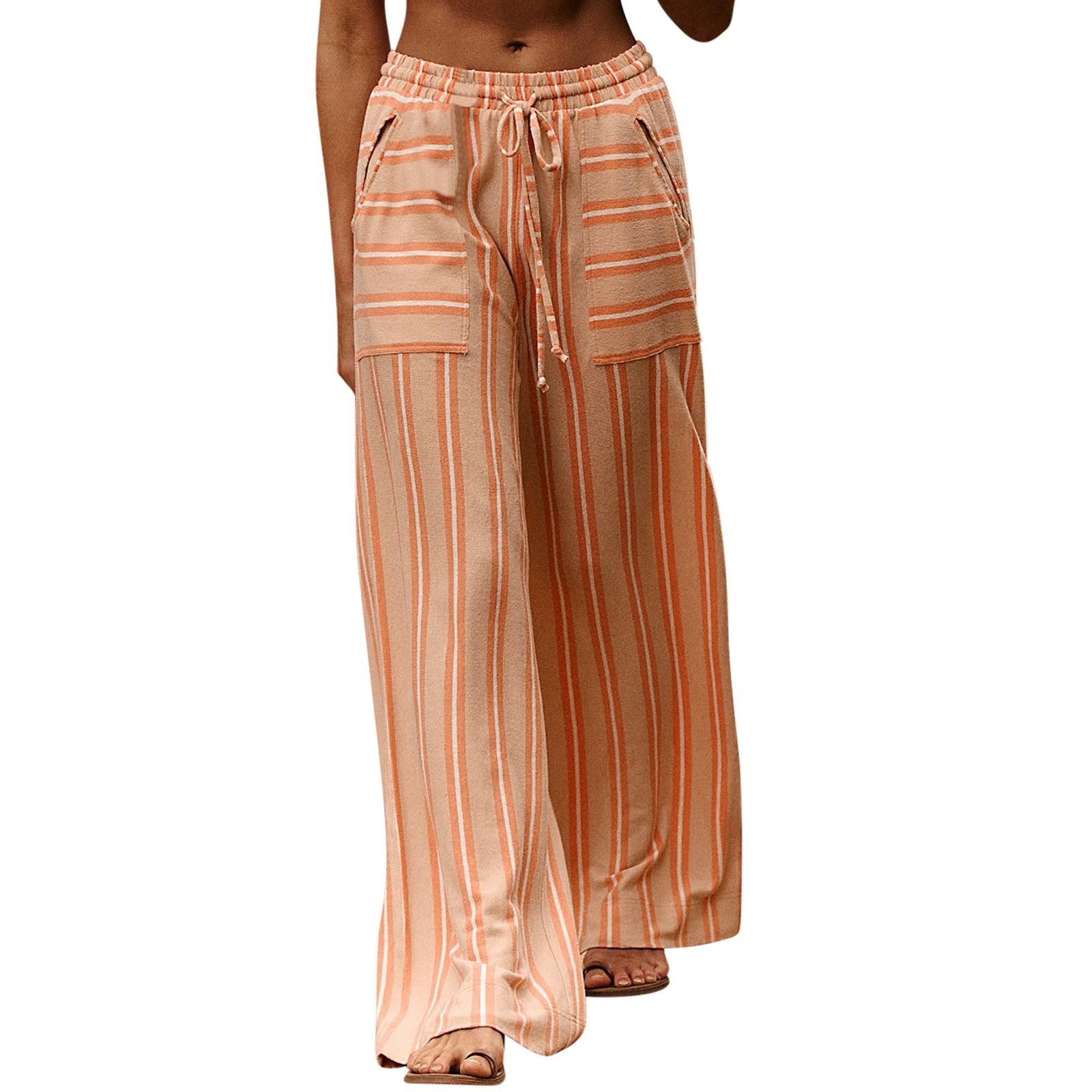 

Женские широкие брюки в полоску, свободные брюки с завязками, удобные полосатые брюки с высокой талией и карманами L оранжевый