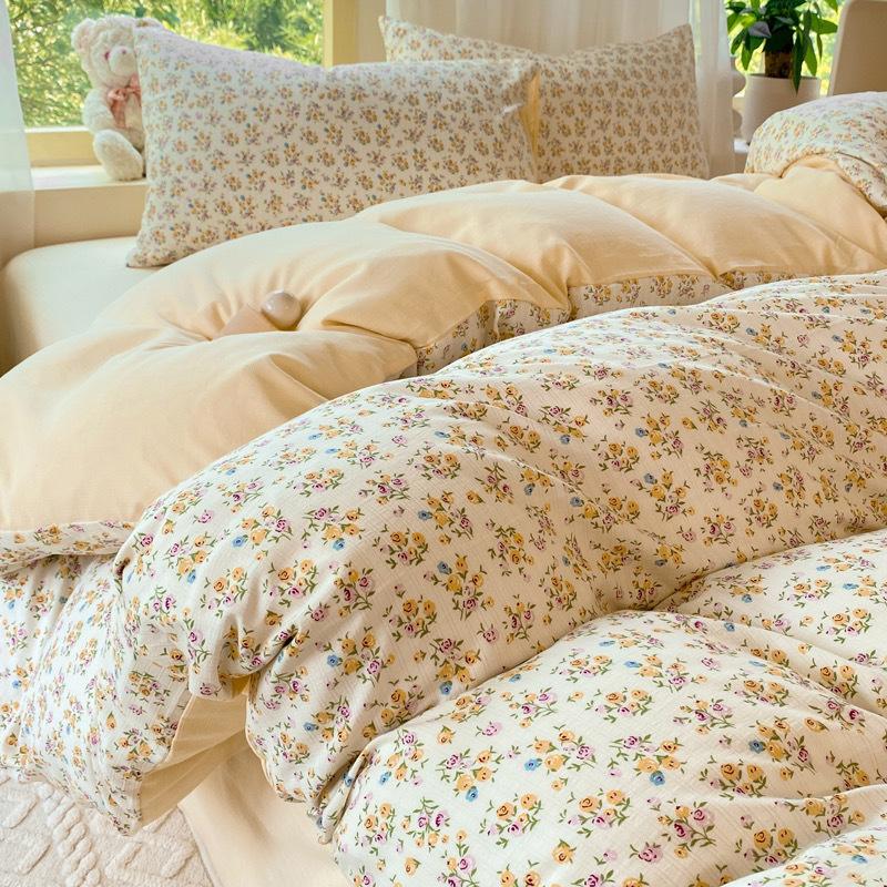 Class A Maternal Infant Grade Small Fresh Super Soft Bubble Cotton 4-Pcs Set Washed Cotton Quilt Cover Dormitory 3-Pcs Set Bed Hat
