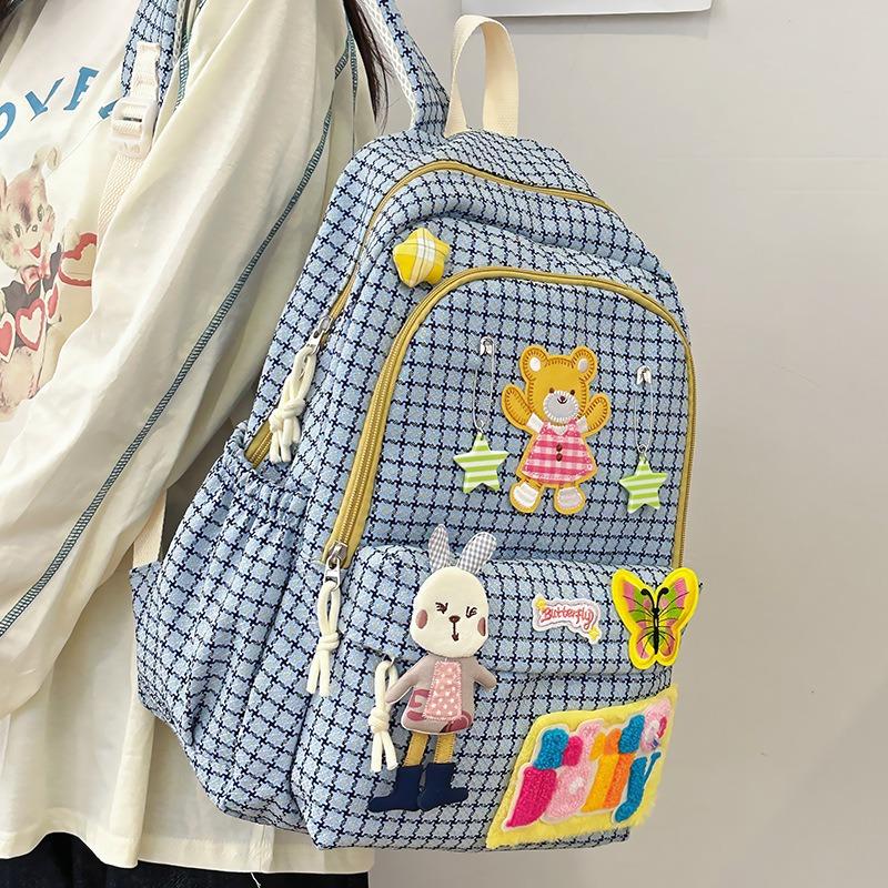 School bag plaid school bag female college student backpack small fresh soft girl cute contrasting color popular backpack