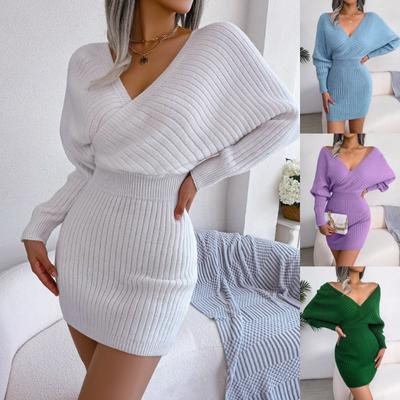 Herfst en Winter V-hals Lange Mouw Sexy Jurk Vrouwen Elegant Mode Hoge Taille Dames Trui Jurk Casual Slim Fit Effen Gebreide Jurken 25103