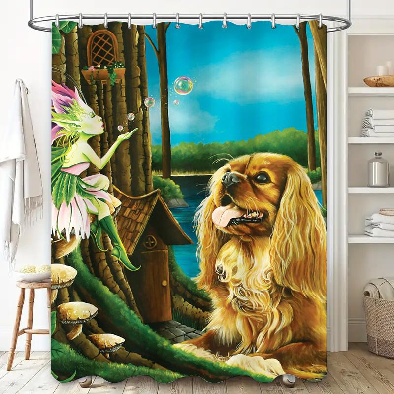 Magical Fairy Garden Decor Shower Curtain Fantasy Landscape With Dog Print Wall Hanging For Bathroom