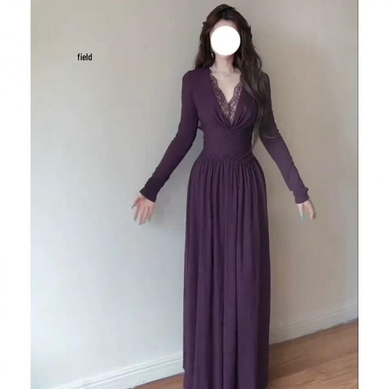 French Lace Patchwork V-Neck Dress - Women's Sexy Waist-Cinching Autumn 2025 Arrival