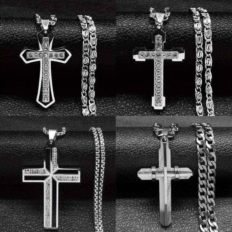 New Men's Stainless Steel Cross Necklace with Diamonds, Vacuum Plating, Non-fading Hip-hop Accessories