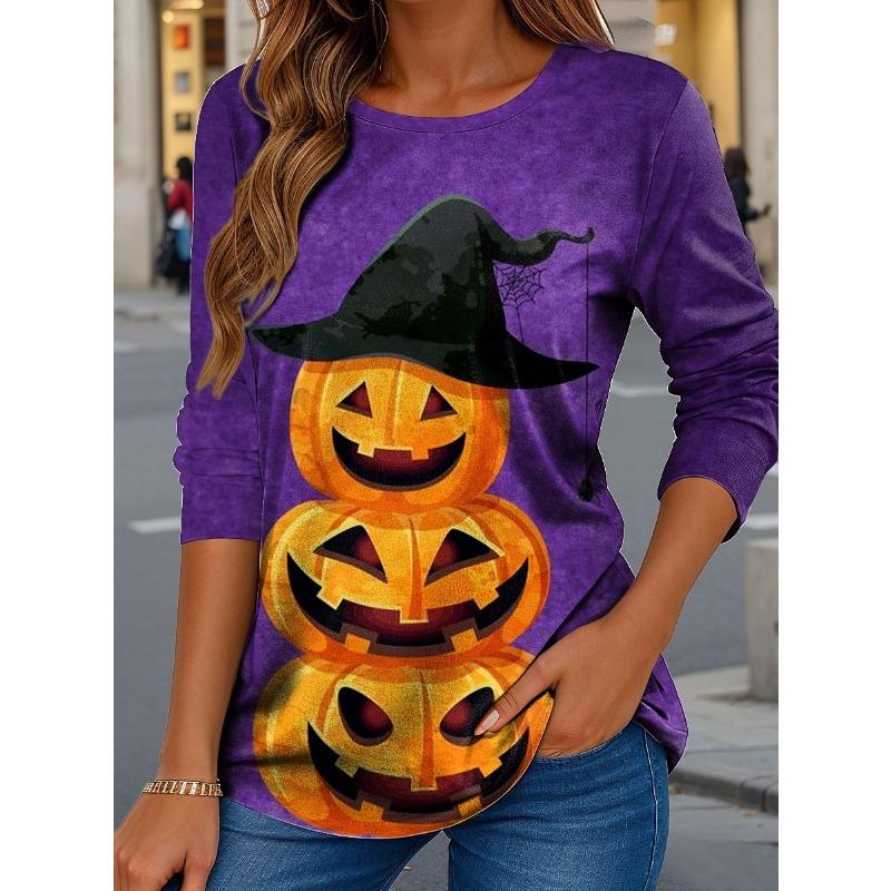2025 Women Casual Long Sleeve Tops Graphic Halloween Pumpkin Tee Shirts Blouse Crewneck Fall Winter Streetwear Style Pullover