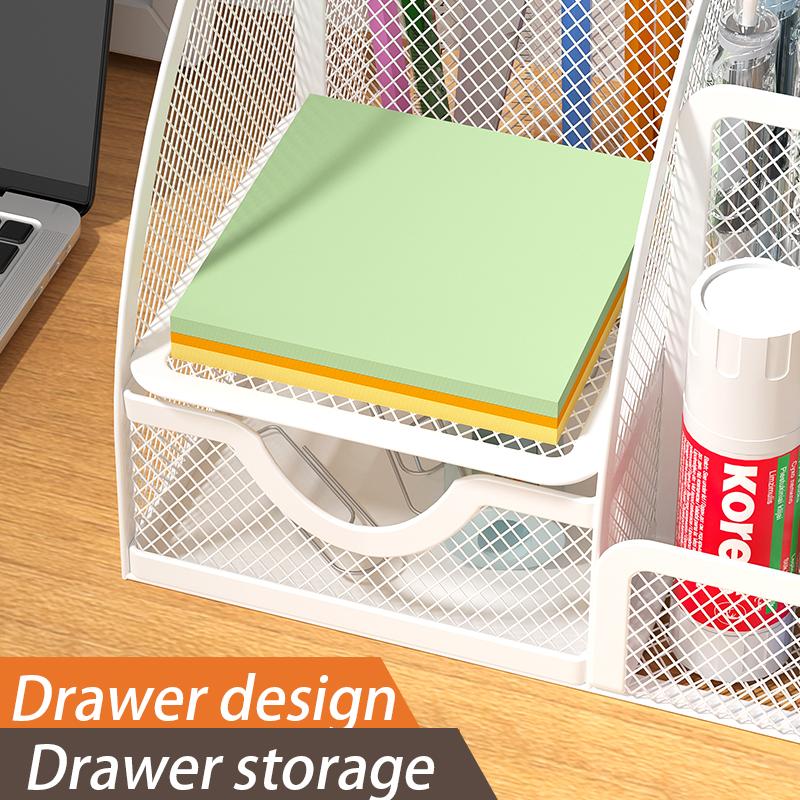 Mesh Pen Holder and Organizer Office Supplies with 7 Compartments, Desktop Organizer with Drawer, Metal Pen Holder for Desk