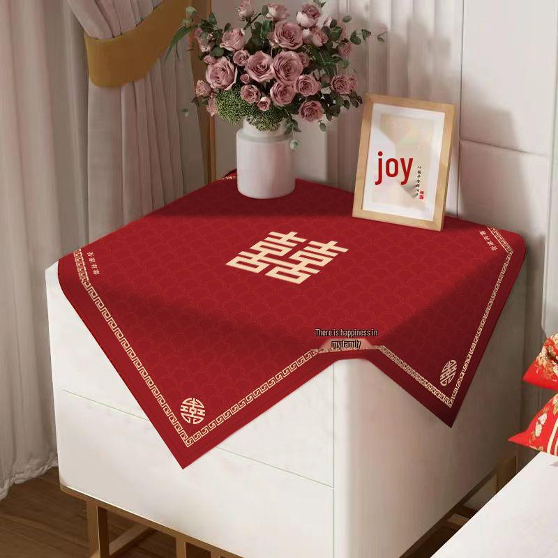 Claret Red Double Happiness Wedding Bedside Tablecloth