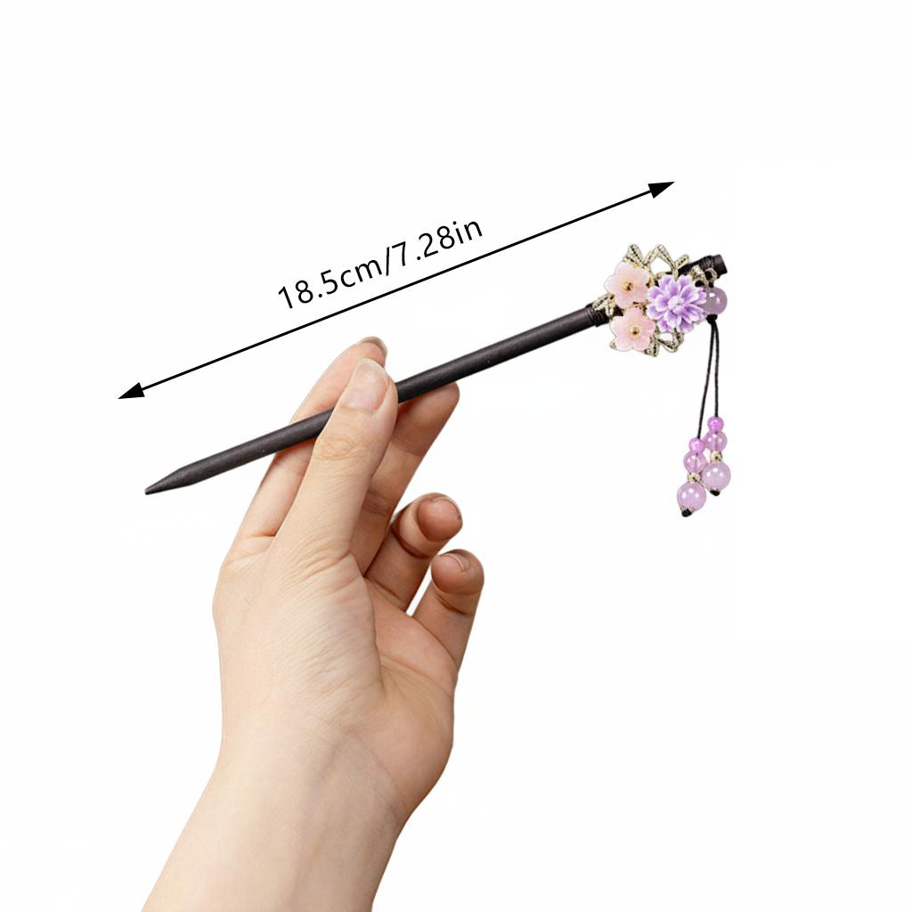 Černá ebenová tyčinka do vlasů Tradiční čínský styl Ručně vyřezávaná dřevěná spona do vlasů s třásní pro ženy Hanfu Svatba Festival