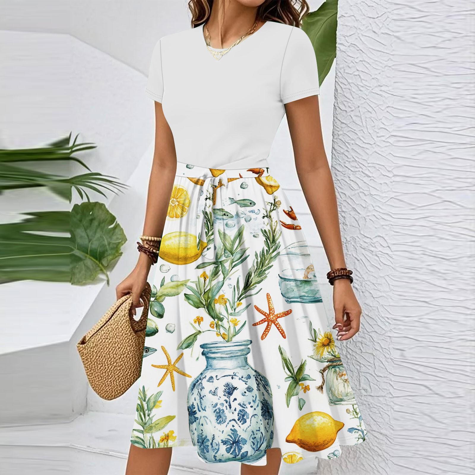 

Женское повседневное модное платье с поясом, цветочным принтом, коротким рукавом и круглым вырезом, элегантное струящееся платье XXL