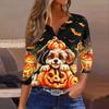 Women's Casual Halloween Print V-Neck Button Three-Quarter Sleeve Pullover T-Shirt