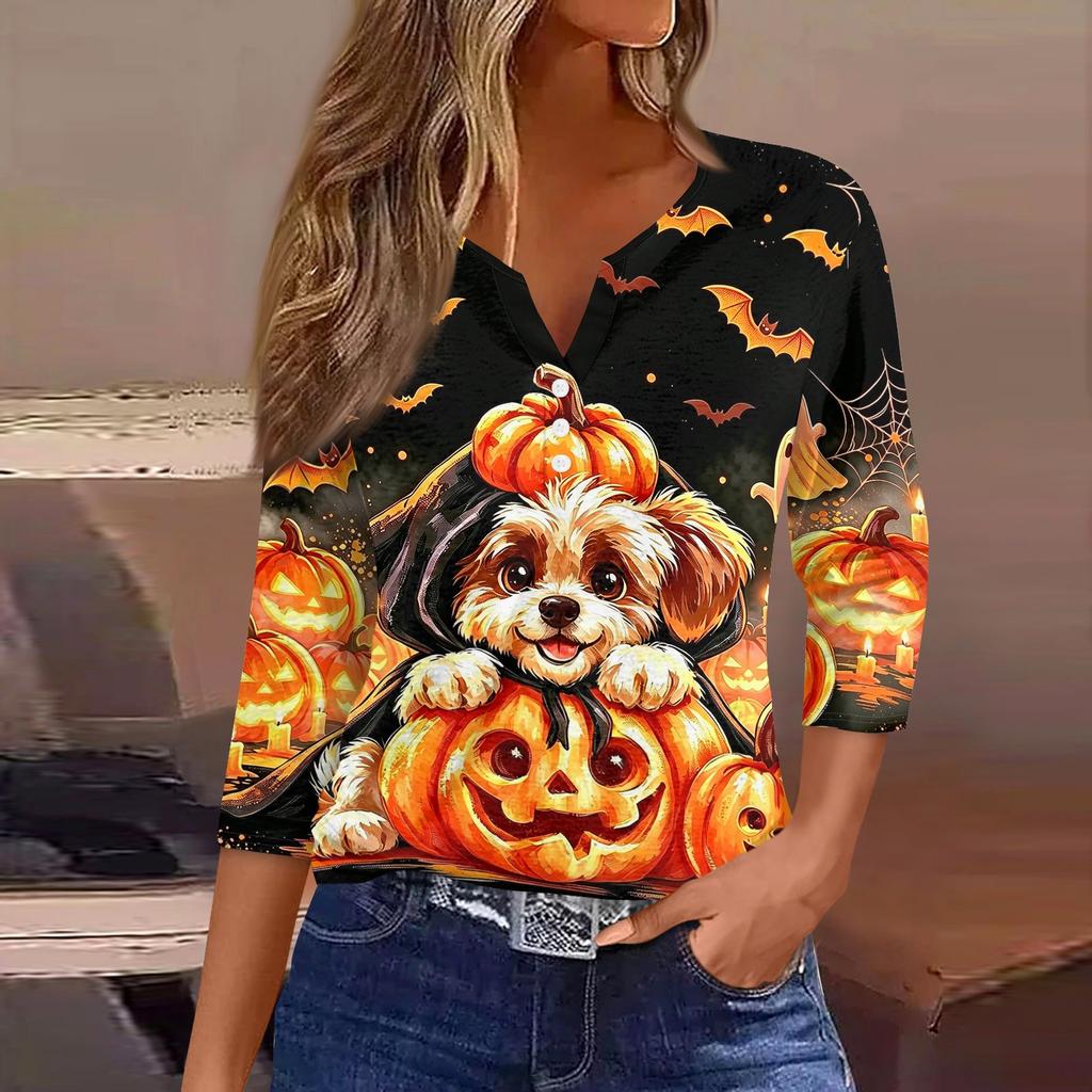 Women's Casual Halloween Print V-Neck Button Three-Quarter Sleeve Pullover T-Shirt