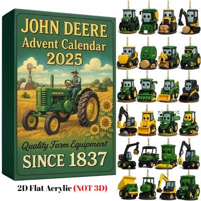John Deere Adventskalender 2025, 2D Flache Acryl Landmaschinen Sammlung mit 24 Traktor Ornamenten, Vintage Design Spielzeug für Kinder Weihnachts Geburtstagsgeschenk