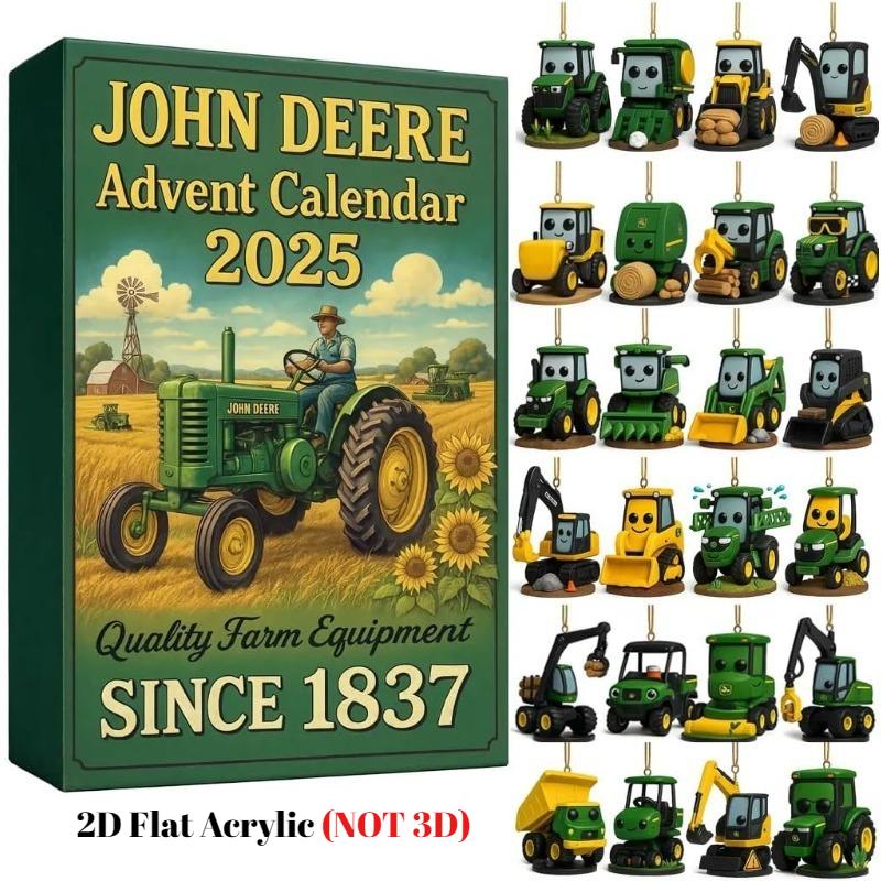 John Deere Advent Calendar 2025, 2D Flat Acrylic Farm Equipment Collection with 24 Tractor Ornaments, Vintage Design Toy for Kids Xmas Birthday Gift
