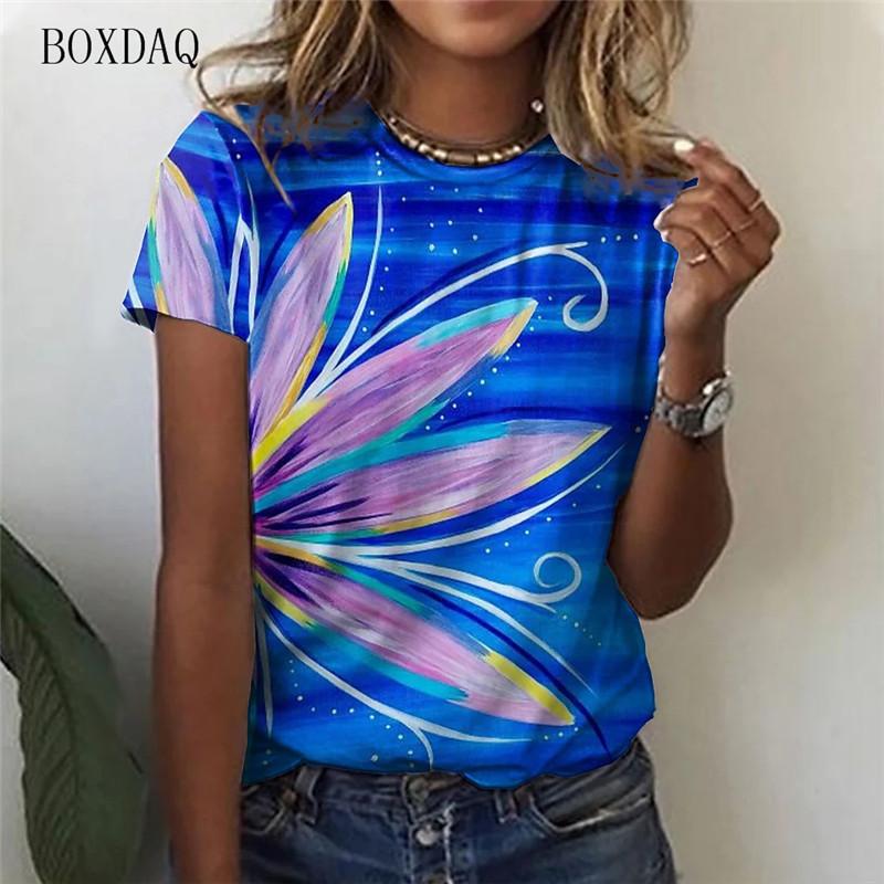 Women s Fashion T-shirt with Plant and Flower Patterns 2XS