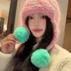 Sweet Women Knitted Cap Fluffy Pom-pom Ear Protection Caps Trendy Warm Beanie Hats  Outdoor