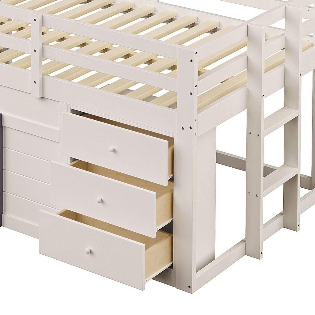 Children's Bed 140x200 Functional Bed Loft Bed Slide Storage Space Play Area Wooden Bed Slatted Frame Ladder Fall Protection Pine Cream (without Mattress)