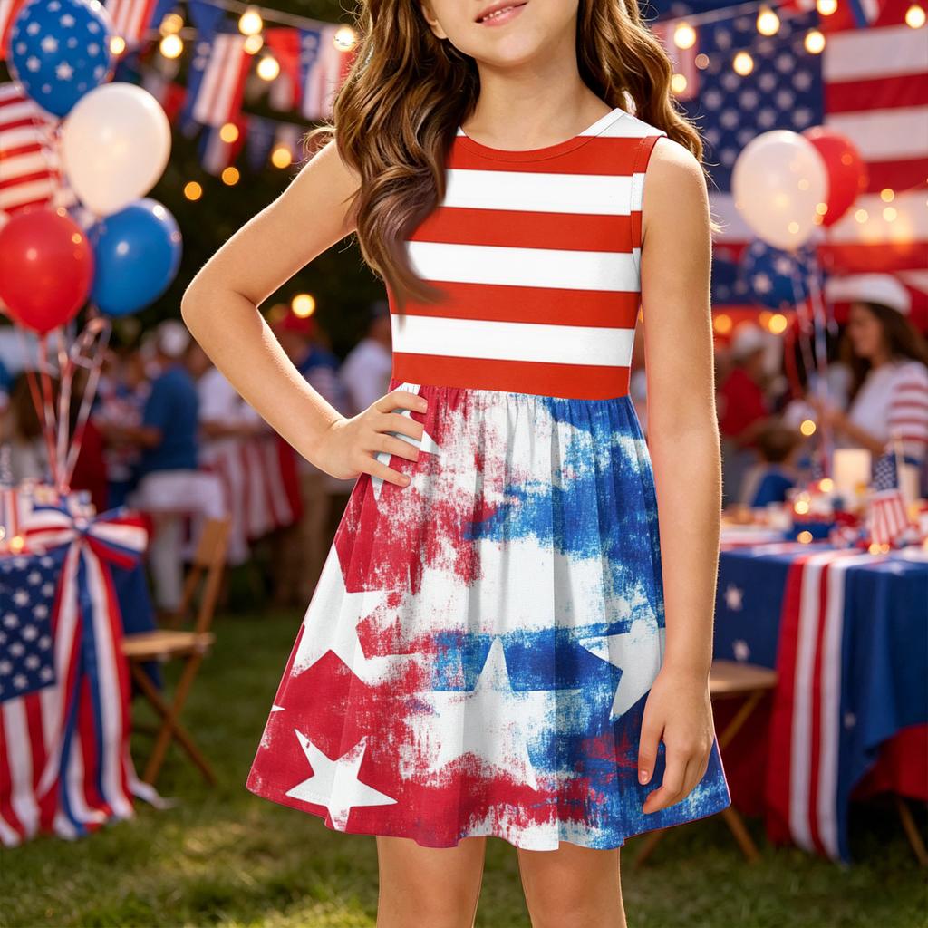 Girls' Summer Princess Dress - A-Line Vest Splice Dress Independence Day