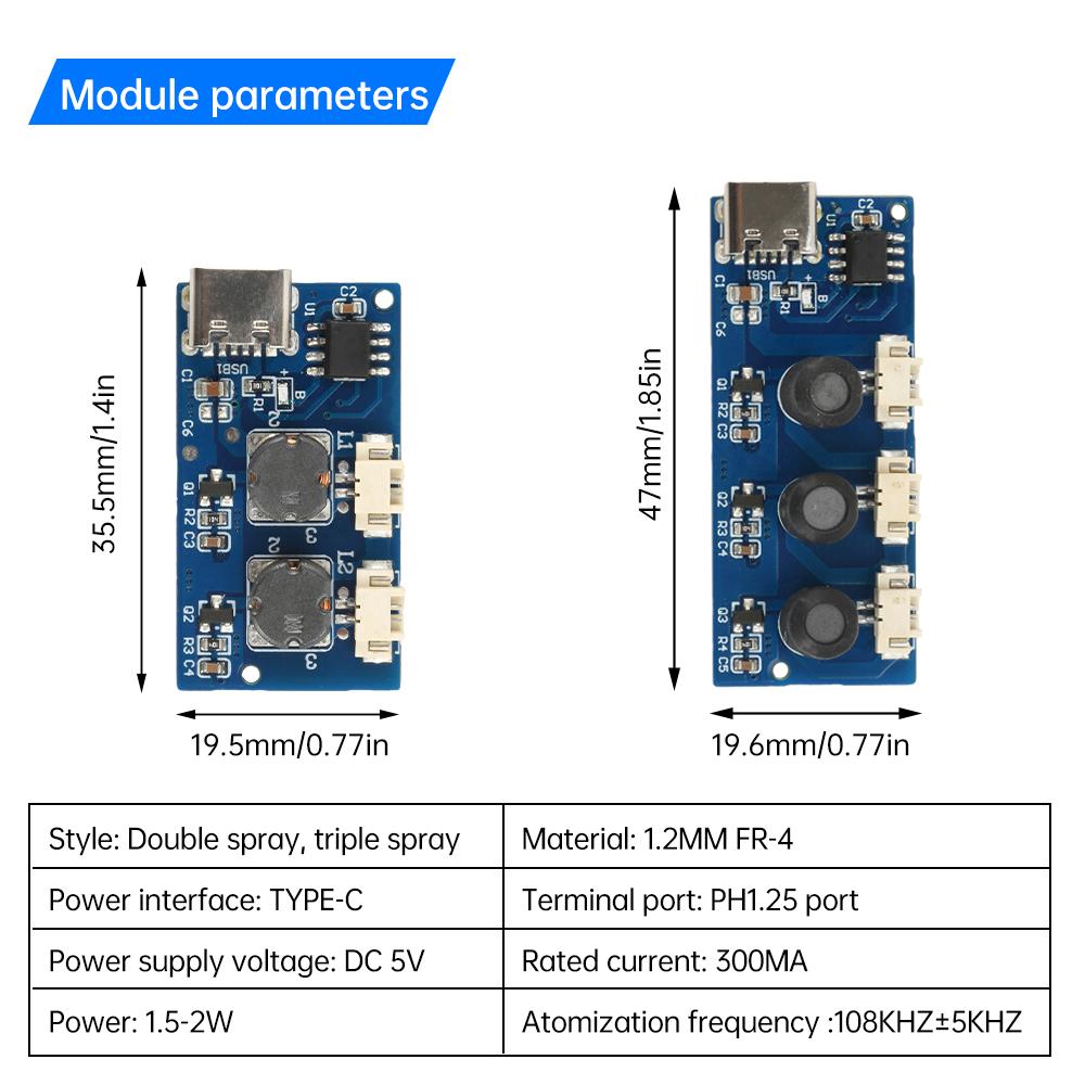 Type C Dual Spray Three Spray Ultrasonic Atomizer Humidifier Module Mist Maker and Driver Circuit Board DC 5V 108-110KHz ± 5KHZ