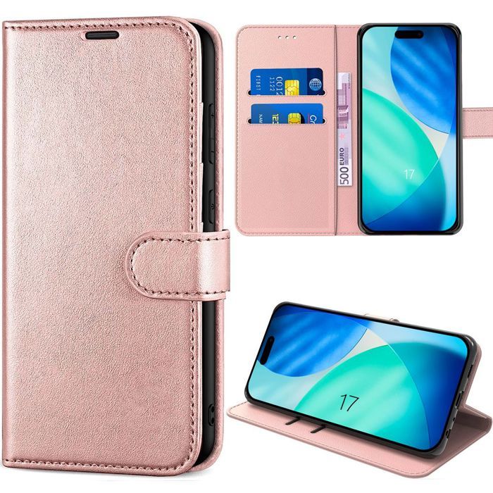 Coque pour iPhone 17 - BOOLING - Flip Case Antichoc Anti-Rayures Antichoc Effet Cuir Rose